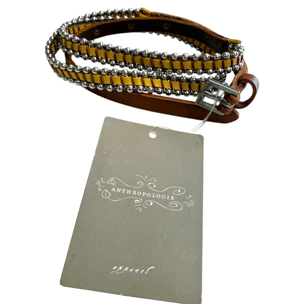 Anthropologie Yellow Leather Studded Skinny Belt Silver Ball Bead Woven Size‎ M
